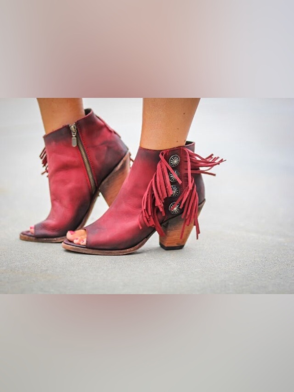 Liberty Black Vegas Rojo Booties Leather Peep toe Tassel Ankle Red size 8 - Picture 4 of 11